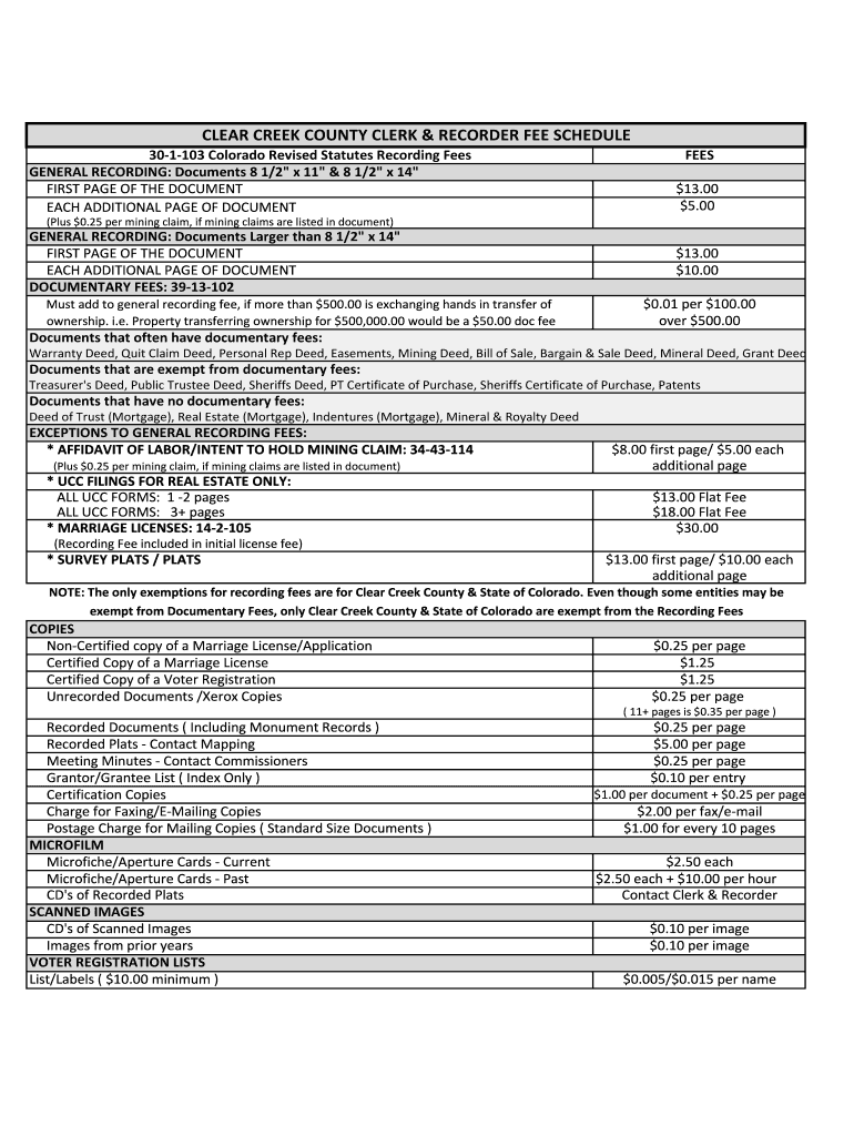 Fillable Online CLEAR CREEK COUNTY CLERK & RECORDER FEE SCHEDULE Fax