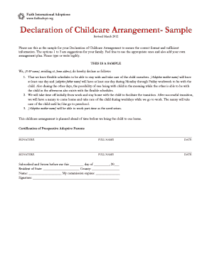 Fillable Online faithadopt Declaration of Childcare Arrangement- Sample ...