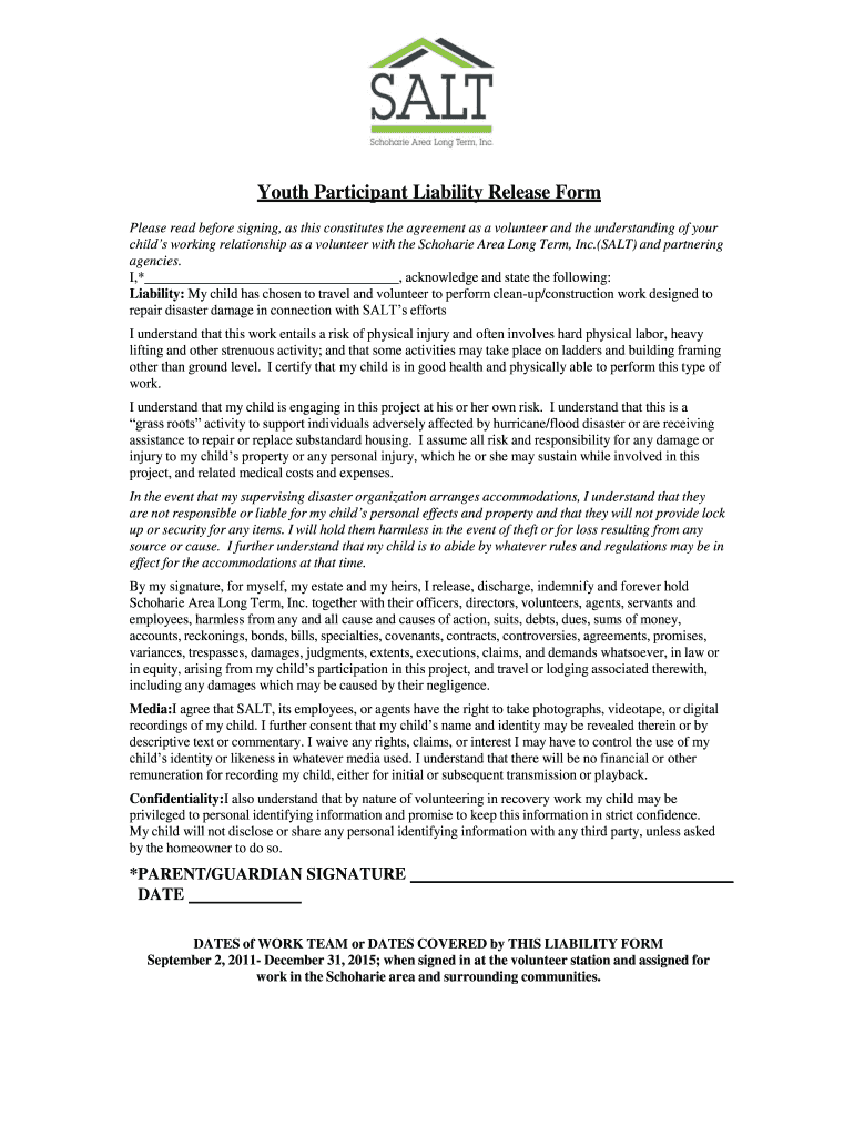 Fillable Online saltrecovery Youth Liability Contact Form Schoharie