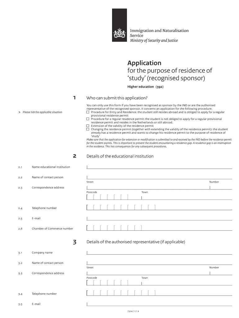 Application for the purpose of residence of 'study' (recognised - IND Preview on Page 1