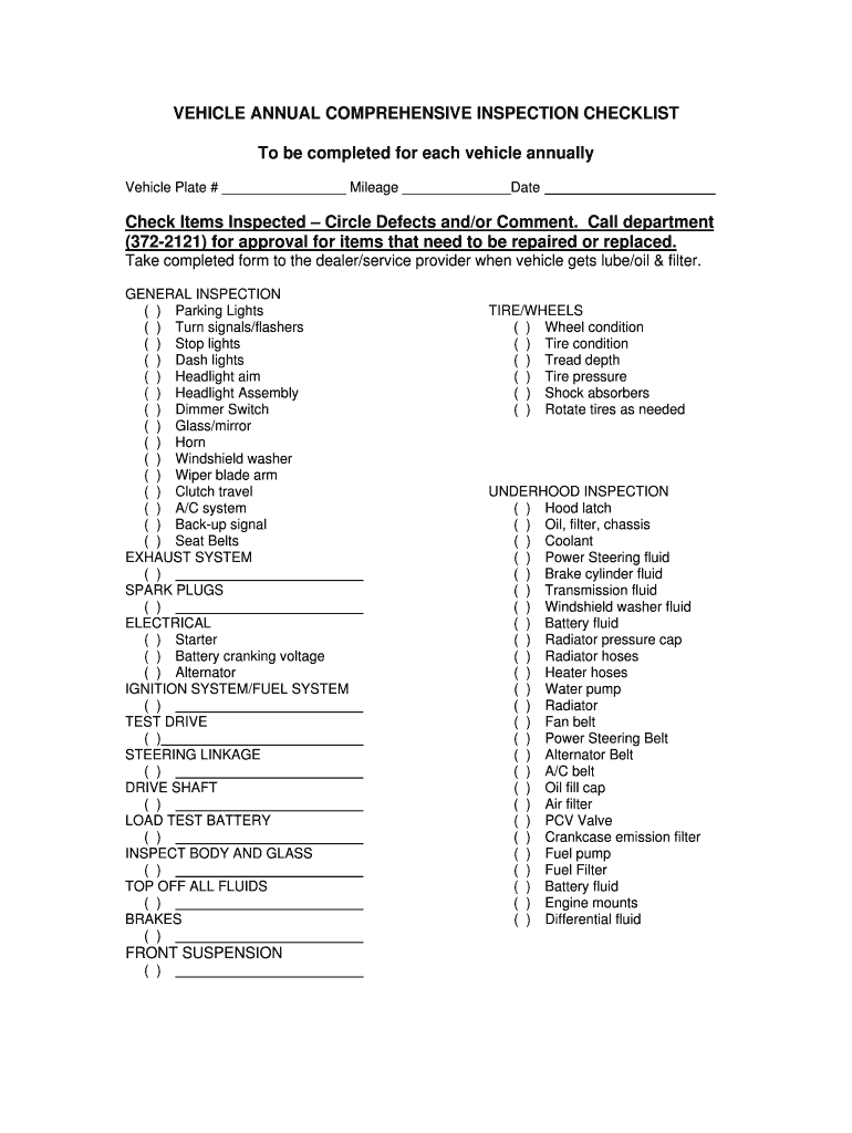 Fillable Online bgsu VEHICLE ANNUAL COMPREHENSIVE INSPECTION CHECKLIST ...