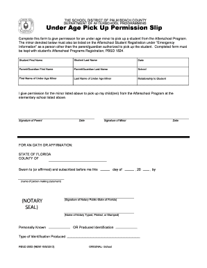 Under Age Pick Up Permission Slip. This form gives permission for an under age minor to pick up a student from the afterschool program. - palmbeachschools