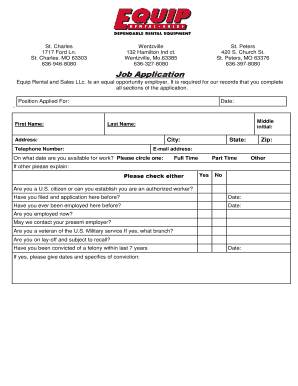 Job Application Form Template - Equip Rental Sales