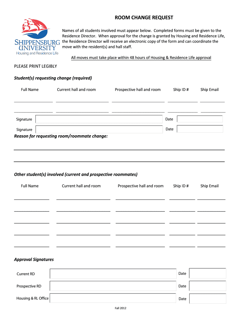 Fillable Online SHIPPENSBURG UNIVERSITY Housing and Residence Life Fax