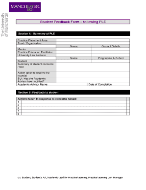 Student Feedback Form following PLE - sites bmh manchester ac