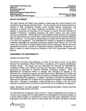 Fillable Online BSA-AML-CIP-OFAC Program Policy - Ameris Bank Fax Email ...