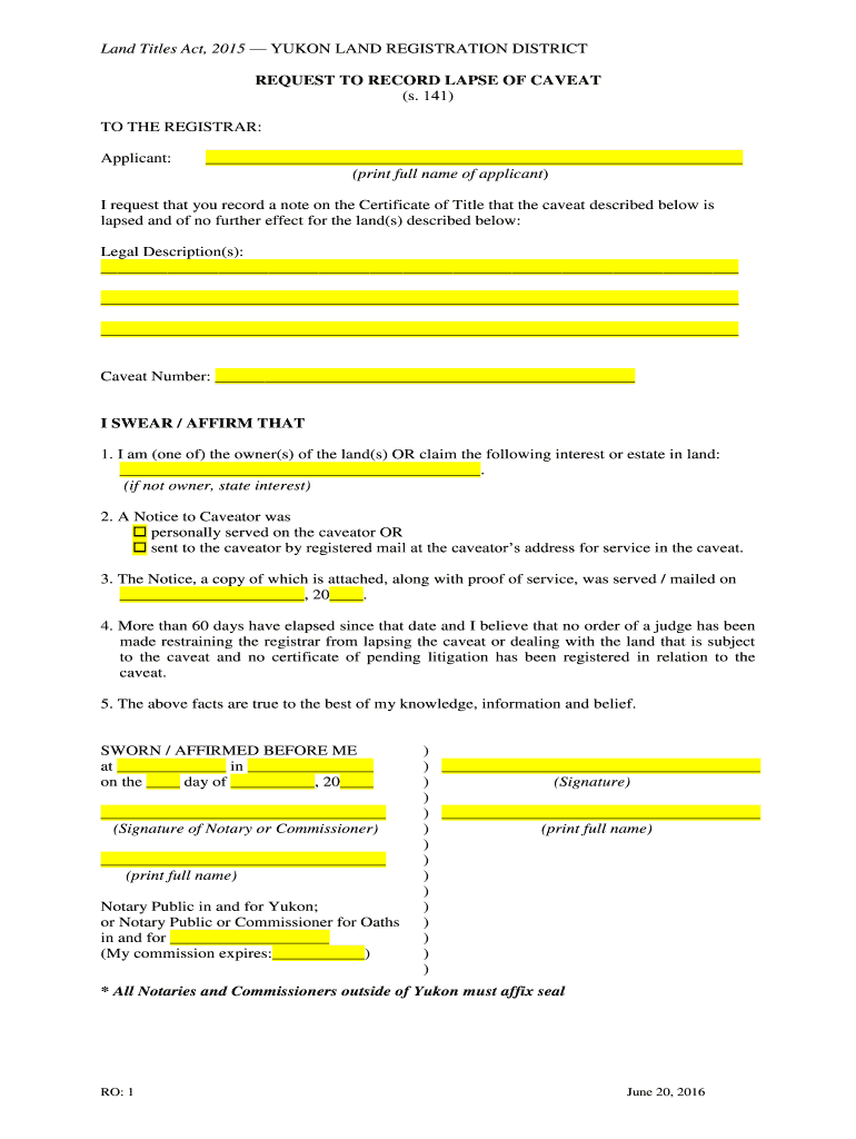 Fillable Online justice gov yk Land Titles Act, 2015 YUKON LAND