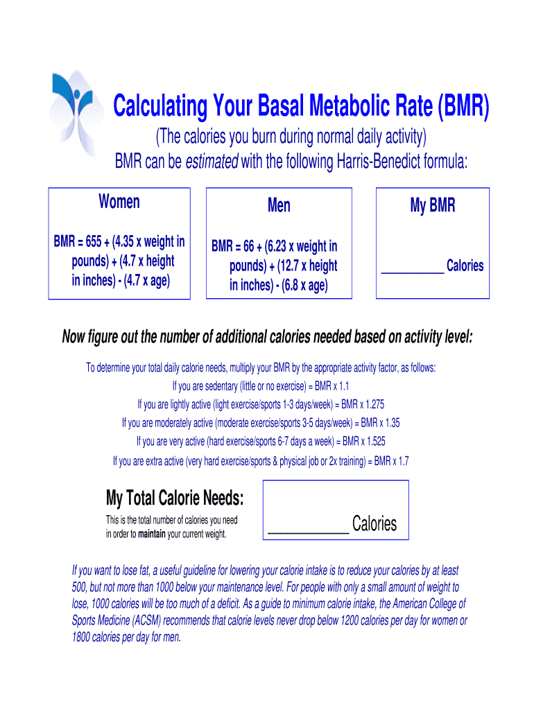 Fillable Online Calculating Your Basal Metabolic Rate (BMR) Fax Email