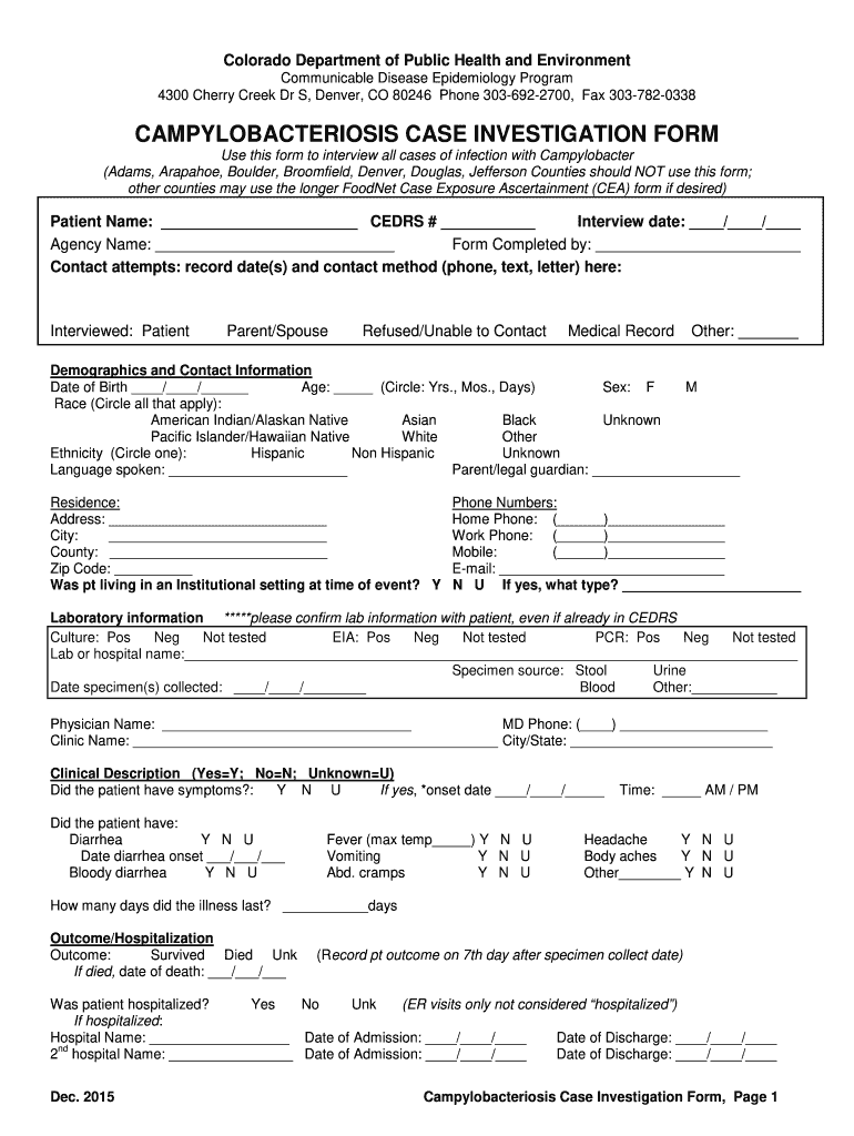 CAMPYLOBACTERIOSIS CASE INVESTIGATION FORM - colorado Preview on Page 1