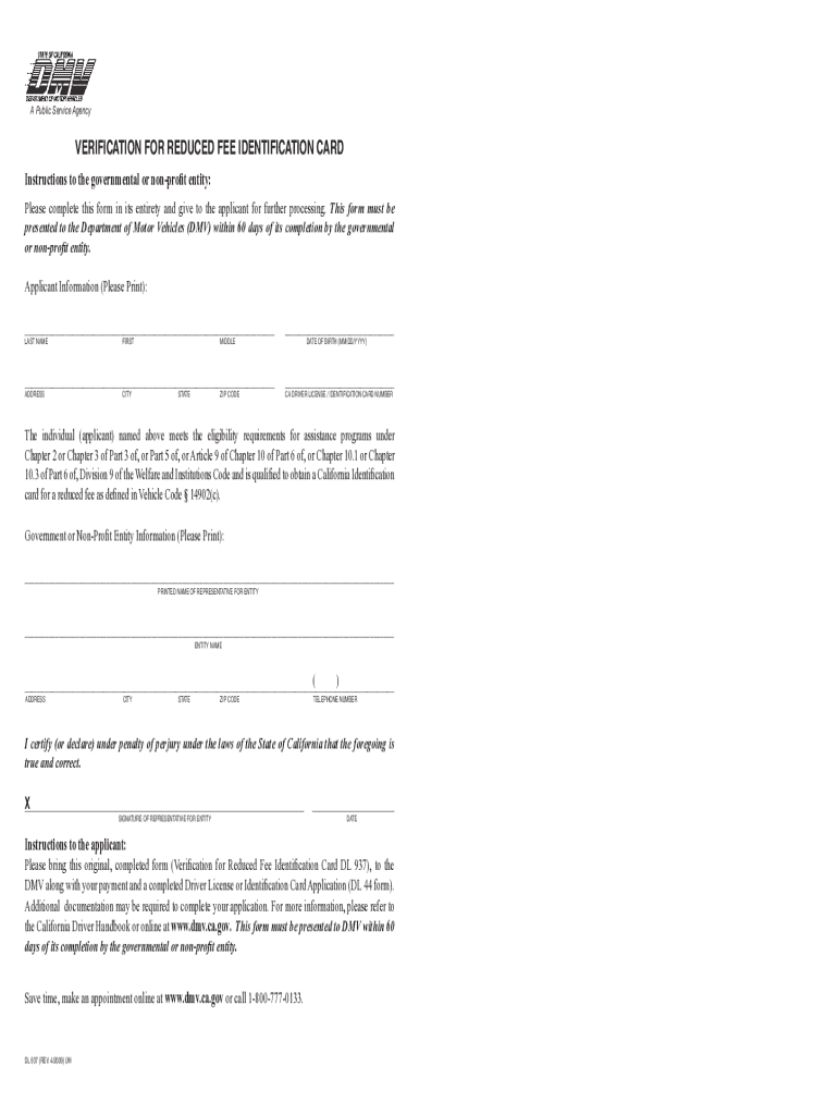 CALIFORNIA DMV REDUCED FEE FORM DL 937 FREE DOWNLOAD CALIFORNIA DMV REDUCED FEE FORM DL 937 FREE DOW Preview on Page 1