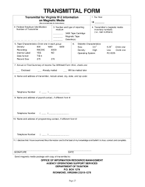 Transmittal logbook - Transmittal for Virginia W-2 Information