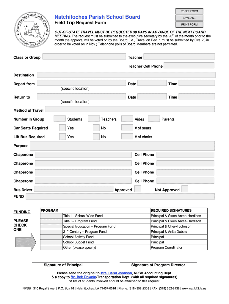 Natchitoches Parish School Board Field Trip Request Form Preview on Page 1