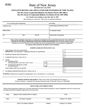 New Jersey Corporation Business Tax Extension Form