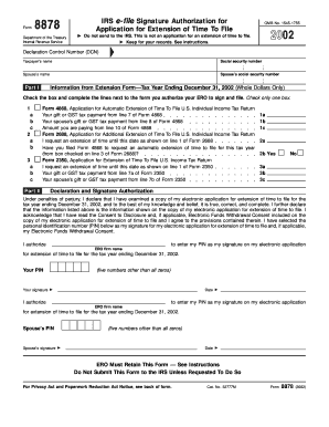 2002 Form 8878. IRS e-file Signature Authorization-Application for Extension of Time to File