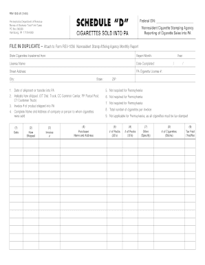 Schedule "D" -- Cigarettes Sold into PA (REV-1032). Forms/Publications