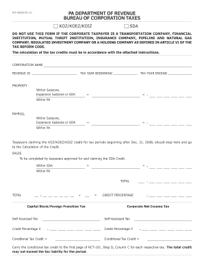 Application to insurance company - Keystone Opportunity Zone/Strategic Development Area -- Calculation of Tax Credit (CT-1, RCT-101) (RCT-101 KOZ). Keystone Opportunity Zone/Strategic Development Area -- Calculation of Tax Credit (CT-1, RCT-101) (RCT-101 KOZ)