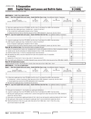 2005 S Corp Depreciation and Amortization; S Corp Tax Credits; S Corp Capital Gains and Losses and Built-in Gains; S Corp Dividend Income Deduction. California Schedules B (100S), C (100S), D (100S), and H (100S)