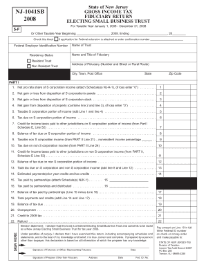 Resident dj contract template - NJ -1041SB 2008. GROSS INCOME TAX FIDUCIARY RETURN SMALL BUSINESS TRUST