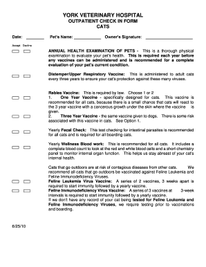 YORK VETERINARY HOSPITAL OUTPATIENT CHECK IN FORM CATS