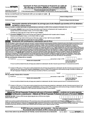 Irs file extension - 2016 Form 8878(SP). IRS e-file Signature Authorization for Application for Extension of Time To File Form 4868(SP) or Form 2350(SP) (Spanish Version)