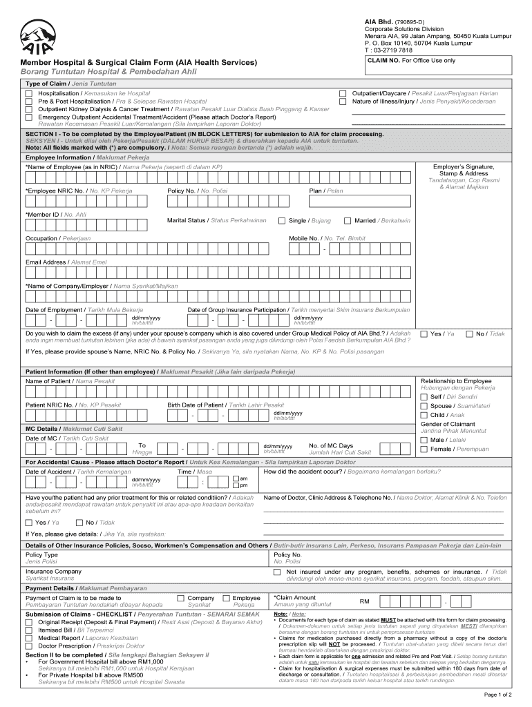 Fillable Online Member Hospital & Surgical Claim Form (AIA Health