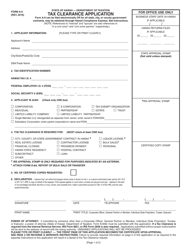 hawaii form a 6 tax 2016 Preview on Page 1