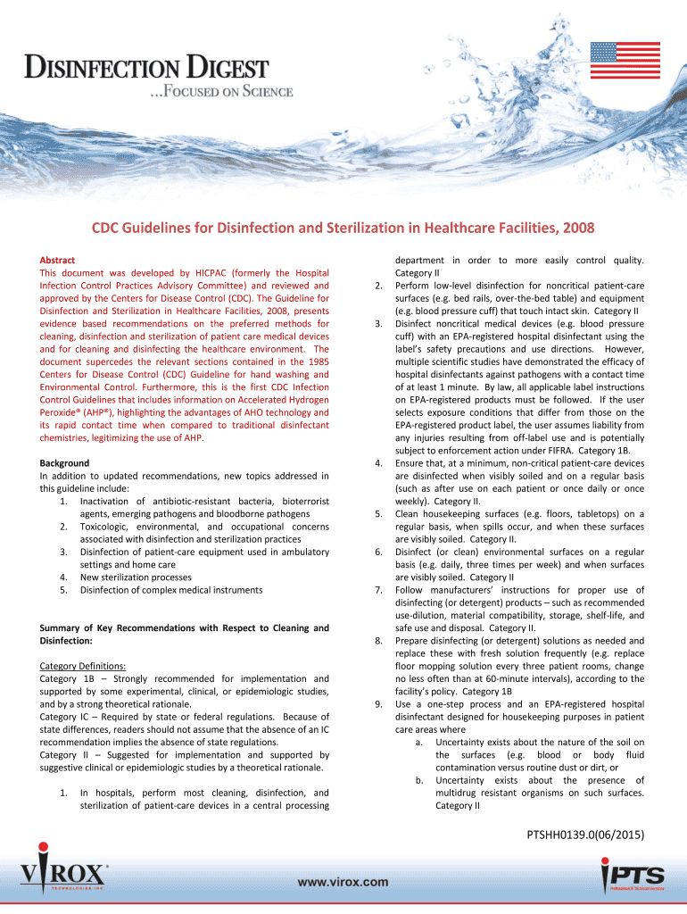 Fillable Online CDC Guidelines for Disinfection and Sterilization in Healthcare Facilities, 2008