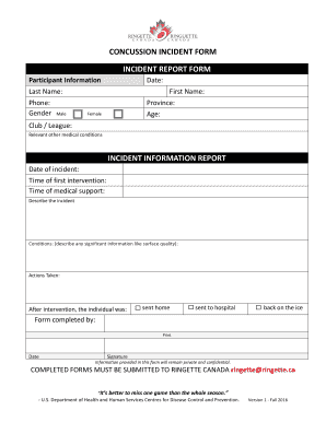 CONCUSSION INCIDENT FORM INCIDENT REPORT FORM