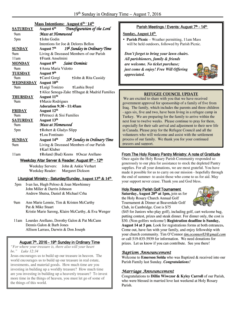 Mass Intentions August 6th 14th Fill Online Printable