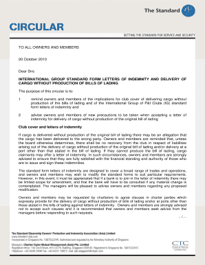 Standard form letter of indemnity - 20 Oct 2010 (Std Asia) circ - IG standard form ltrs of indemnity, delivery of cargo without bills of lading -