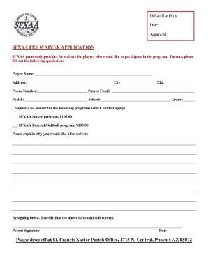 SFXAA FEE WAIVER APPLICATION