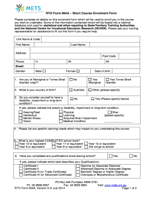 RTO Form 004A – Short Course Enrolment Form