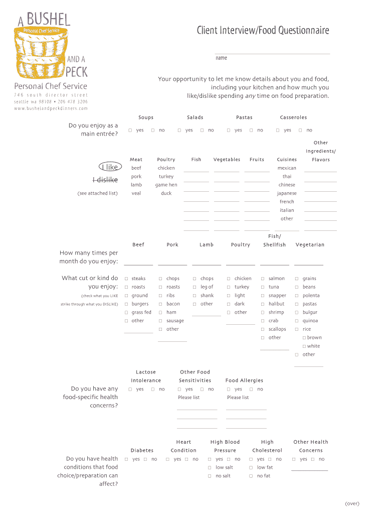 Personal Chef Client Questionnaire Fill Online, Printable, Fillable