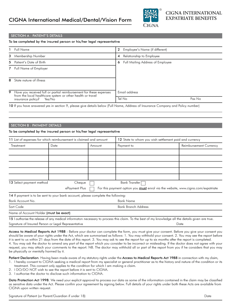 Fillable Online CIGNA International Medical/Dental/Vision Form Fax