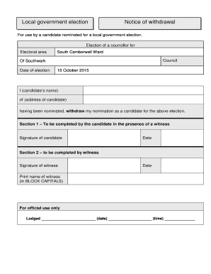 Withdrawal form - South Camberwell Ward - Southwark Council - 2 southwark gov