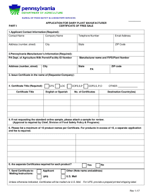 APPLICATION FOR DAIRY PLANT MANUFACTURER