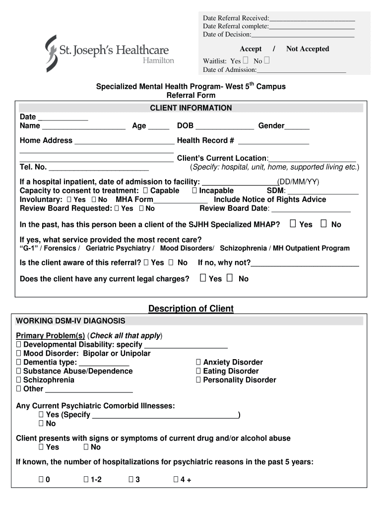 Fillable Online West 5th Campus Referral Form St Josephs Healthcare