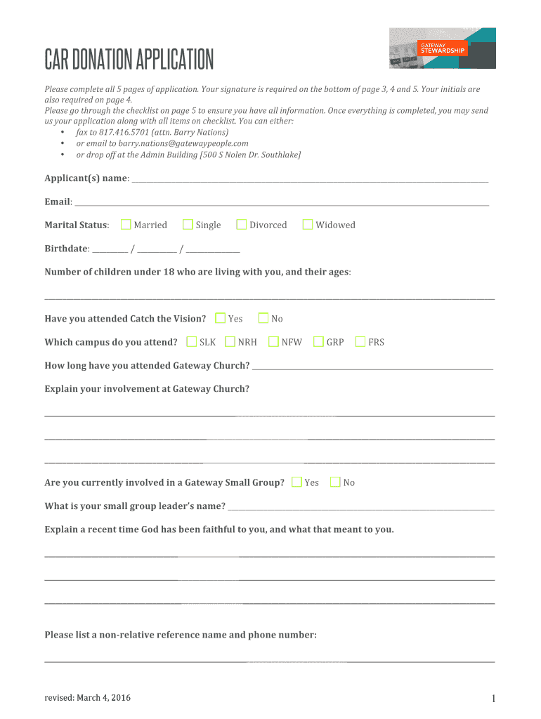 Fillable Online Car Donation Application (printable) Gateway Church Fax Email Print pdfFiller