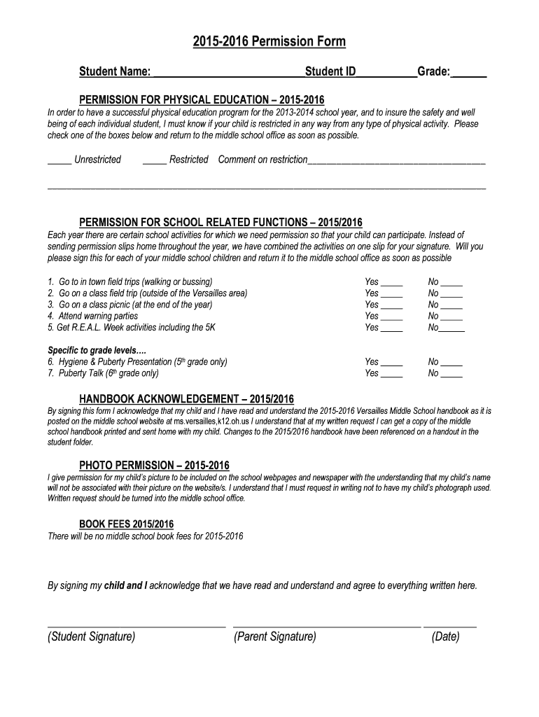 Fillable Online versailles k12 oh 20152016 Permission Form