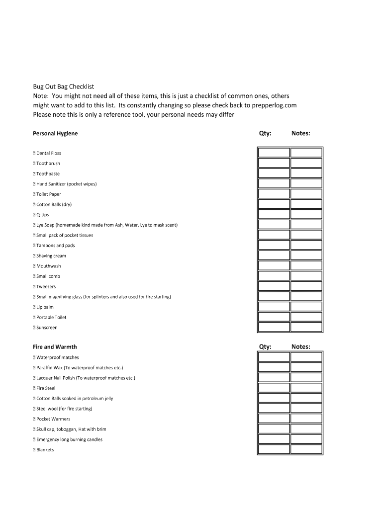 Fillable Online Full Size Bug Out Bag Checklist. Prepper Gear Bug Out