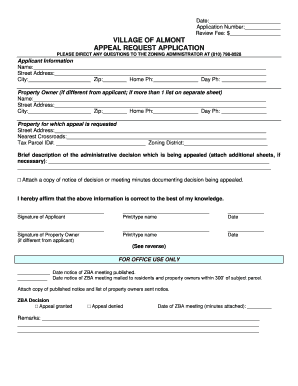 VILLAGE OF ALMONT APPEAL REQUEST APPLICATION