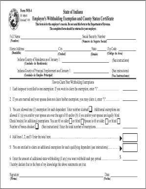Form WH-4 State Of Indiana SF 48845 Employee &rsquo;s Withholding 