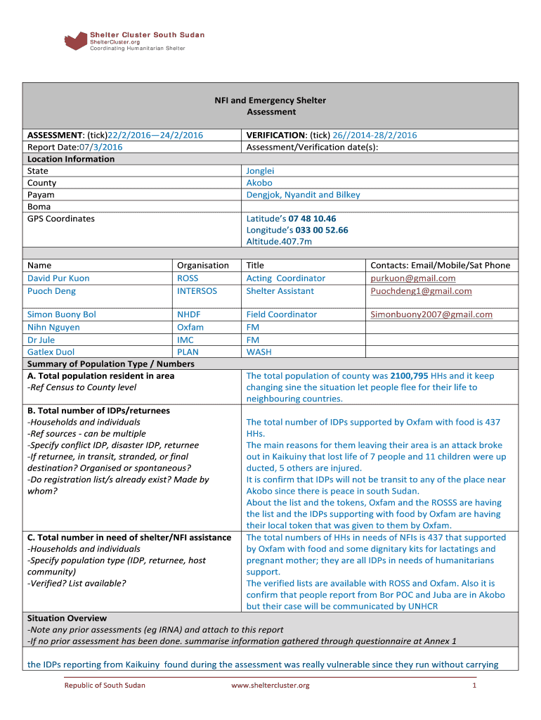 Fillable Online shelter-nfi iomsouthsudan Shelter Cluster South Sudan ...