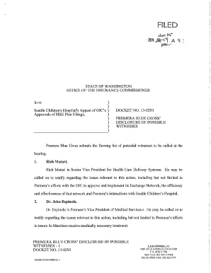 Premera's Proposed Witness List - Washington State Office of the ... - insurance wa