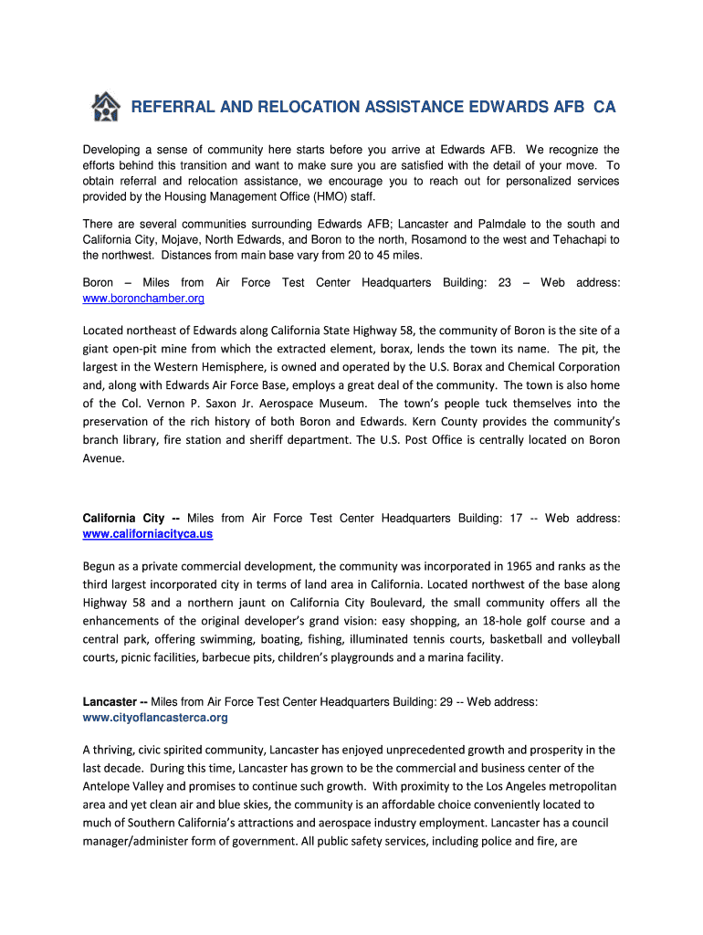 Fillable Online REFERRAL AND RELOCATION ASSISTANCE EDWARDS AFB CA Fax