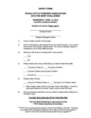 Fillable Online Tcfa Entry Form Texas Cattle Feeders Association