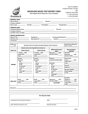 Backflow device test report form - Goddard