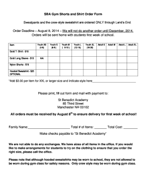 fillable online stbenedictacademy sba gym shorts and shirt order make order form