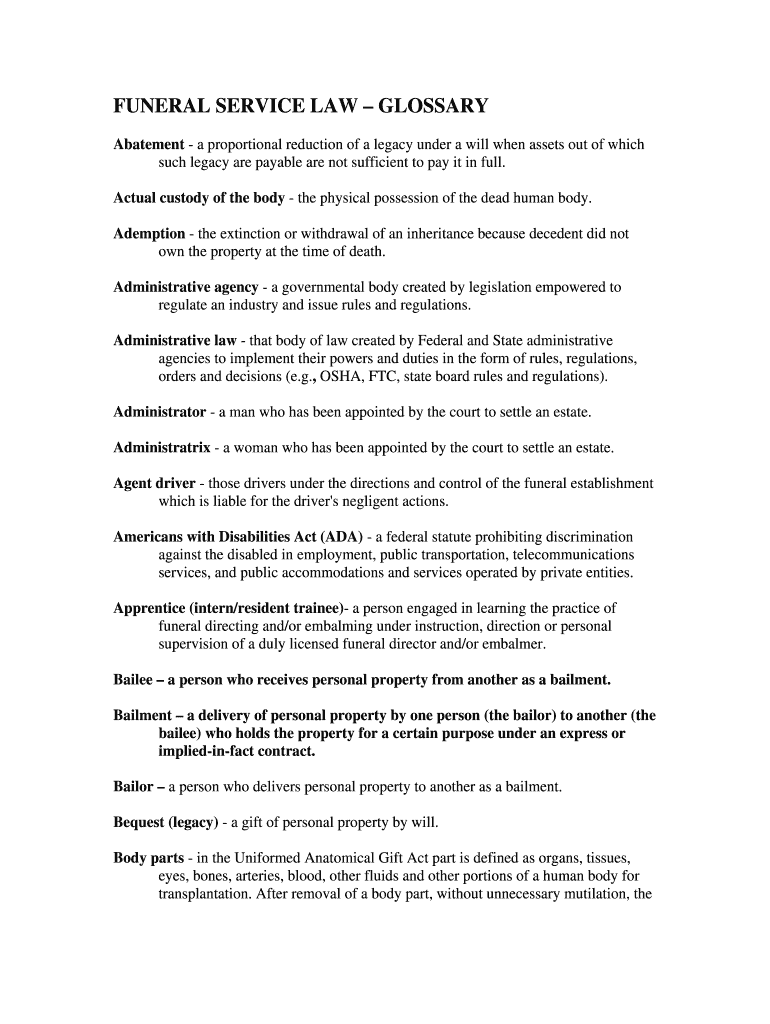 Fillable Online FUNERAL SERVICE LAW GLOSSARY Fax Email Print pdfFiller