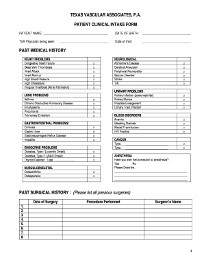 Texas Vascular Associates Patient Clinical Intake Form